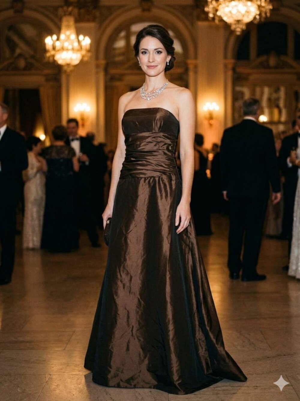 Amsale Chocolate Brown Strapless Satin Evening Gown Pleated Bodice 16